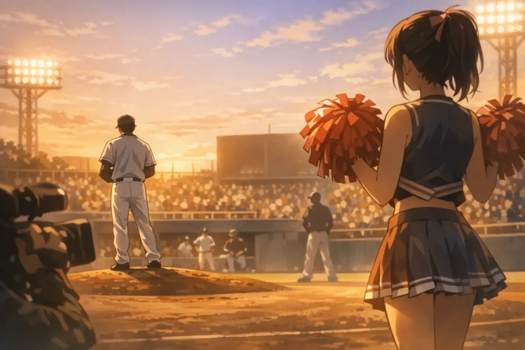 社会人野球の球場で出会う投手とチアのイメージ