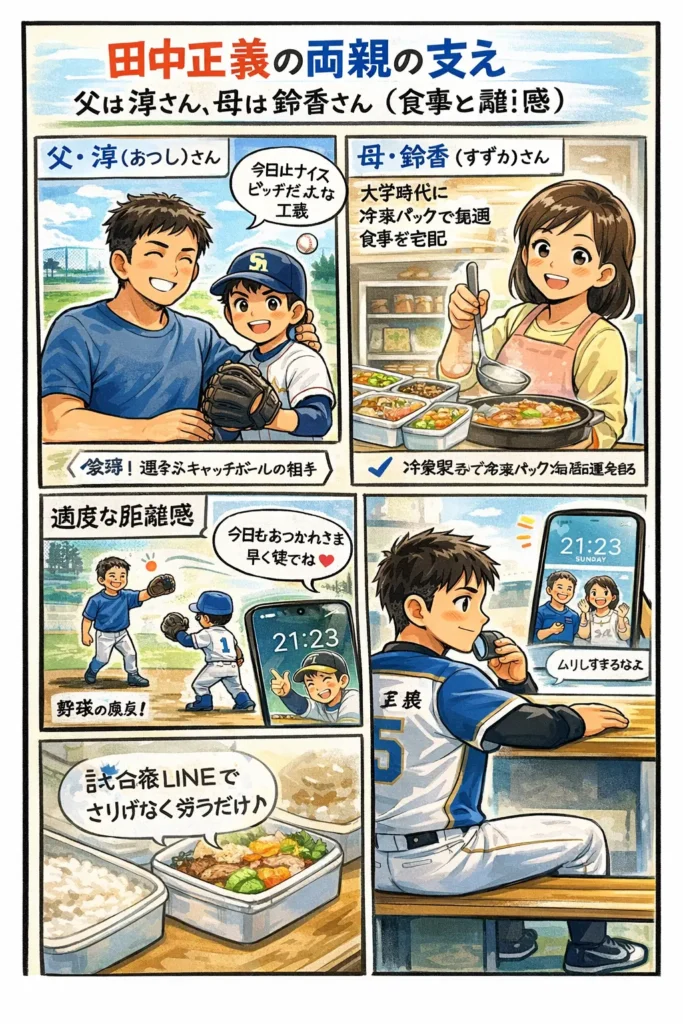 田中正義の両親の支え：父は淳さん、母は鈴香さんと兄弟