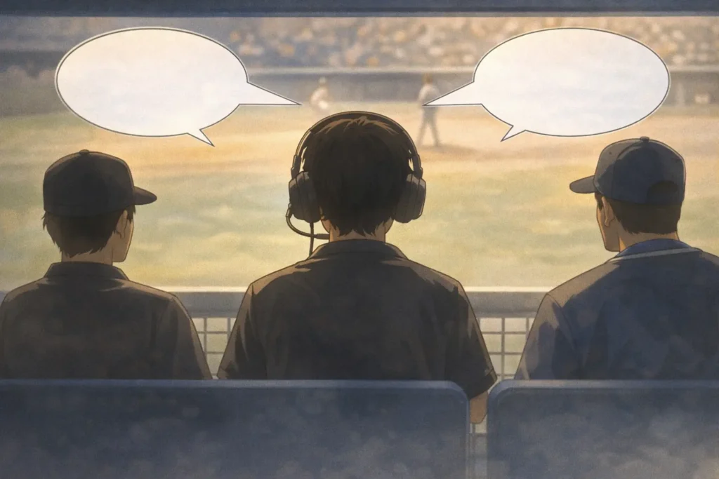 球団通訳としてチームをつなぐ長男のイメージ